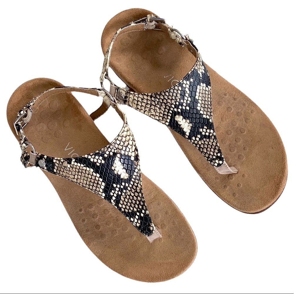 Vionic Snake Print Thong Sandals in Brown and Black